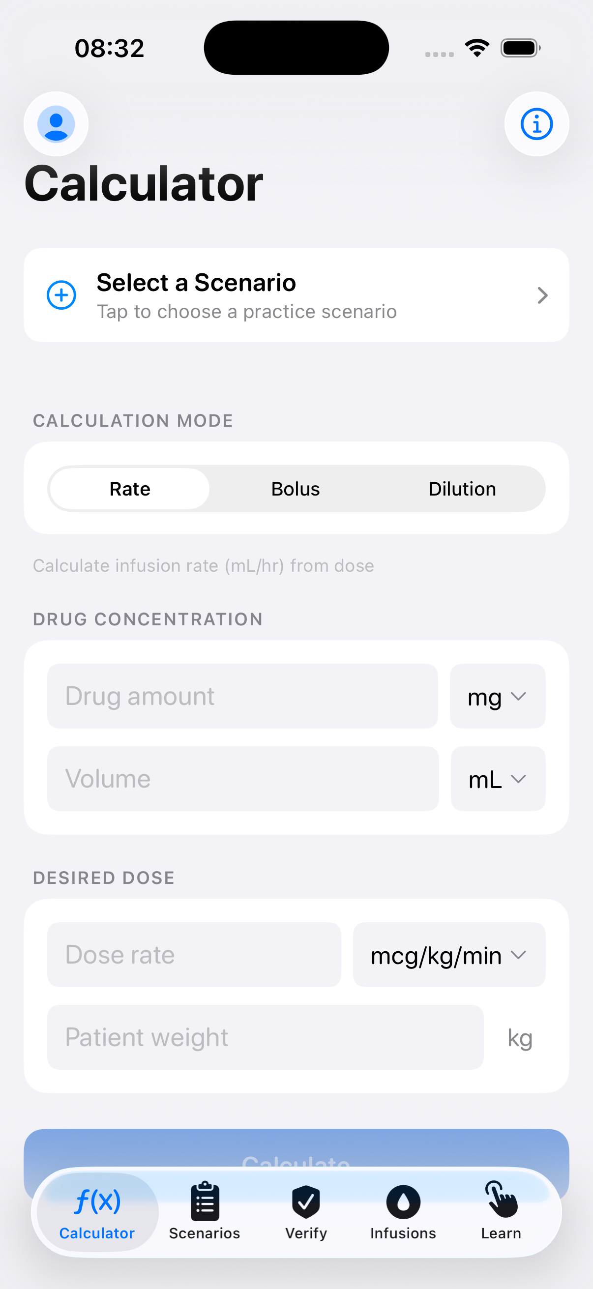 Drug Infusion calculator screen on iPhone