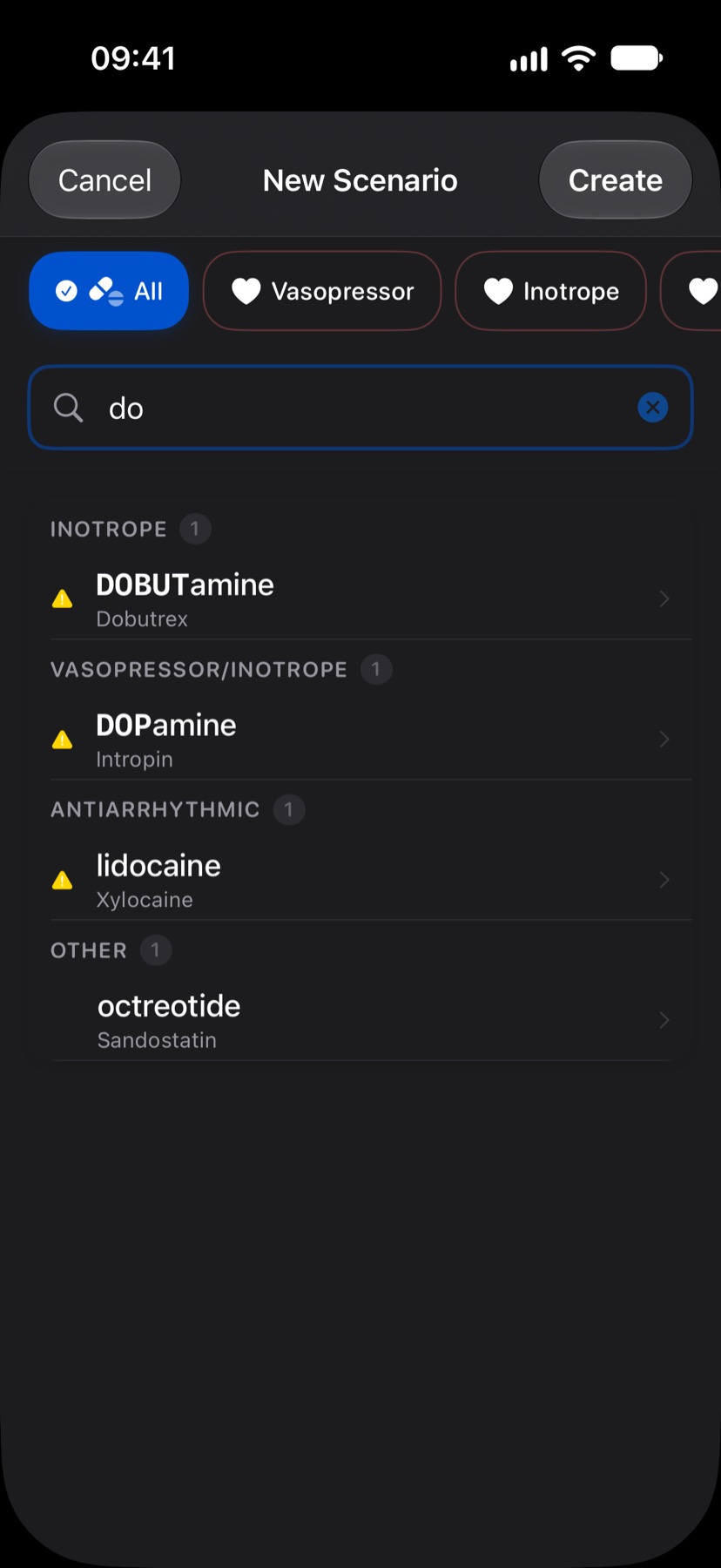 Drug Infusion drug search for "do" listing DOBUTamine and DOPamine one above the other in tall-man lettering, then lidocaine; each of the three is marked with a high-alert icon, and octreotide follows.