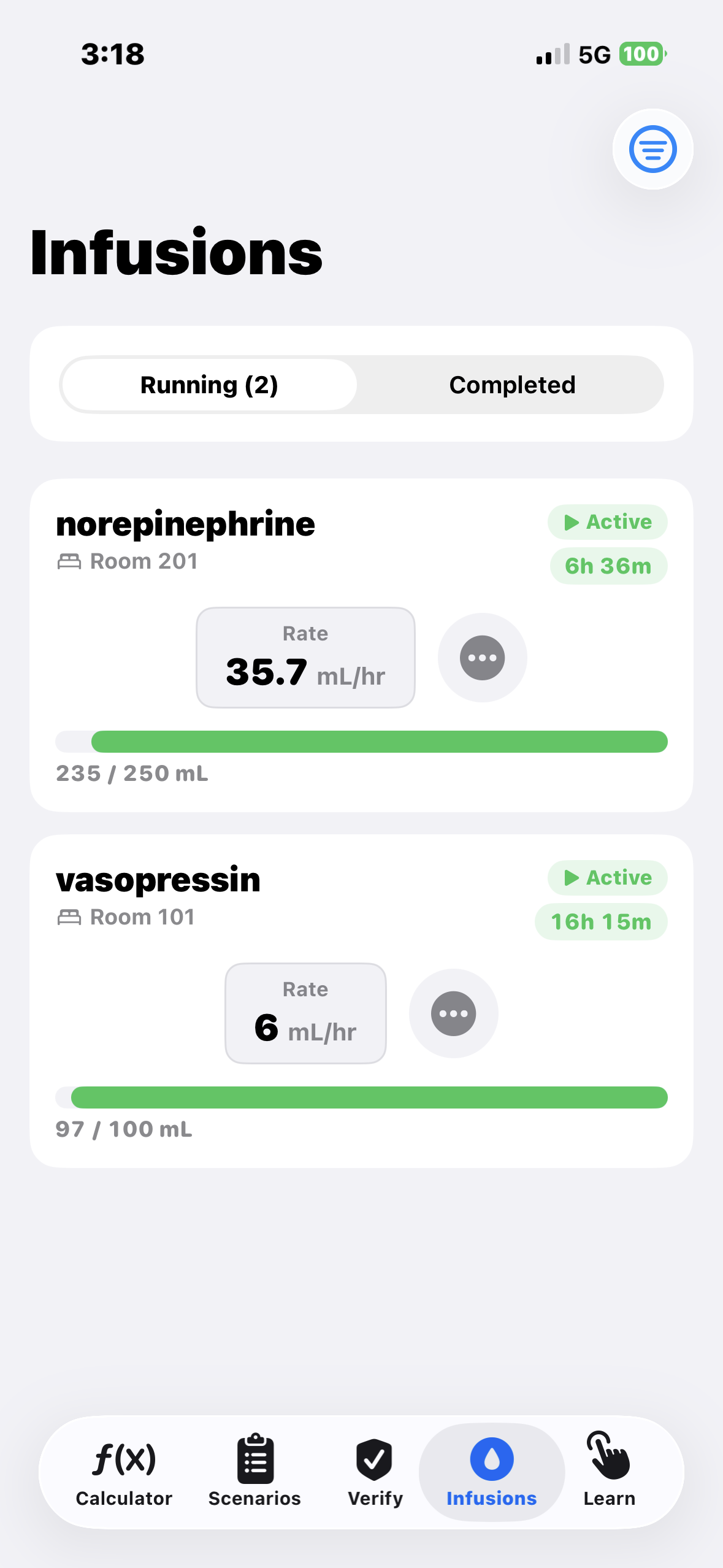 Infusions screen on iPhone