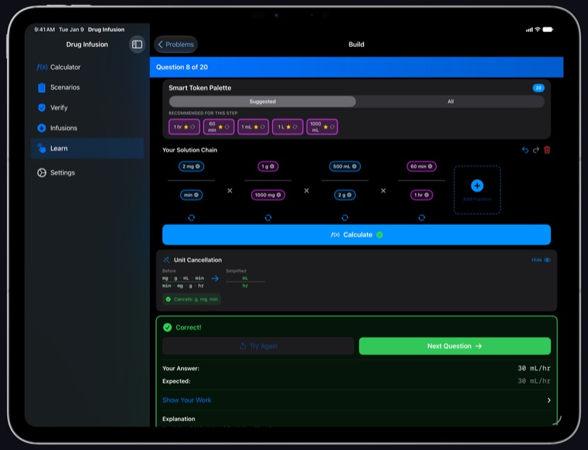 Drug Infusion Learn chain builder on iPad Pro in landscape, multiplying 2 mg/min by 1 g/1000 mg, 500 mL/2 g and 60 min/1 hr, with a Unit Cancellation card that strikes out mg, g and min to leave mL/hr and a green Correct! card showing 30 mL/hr.