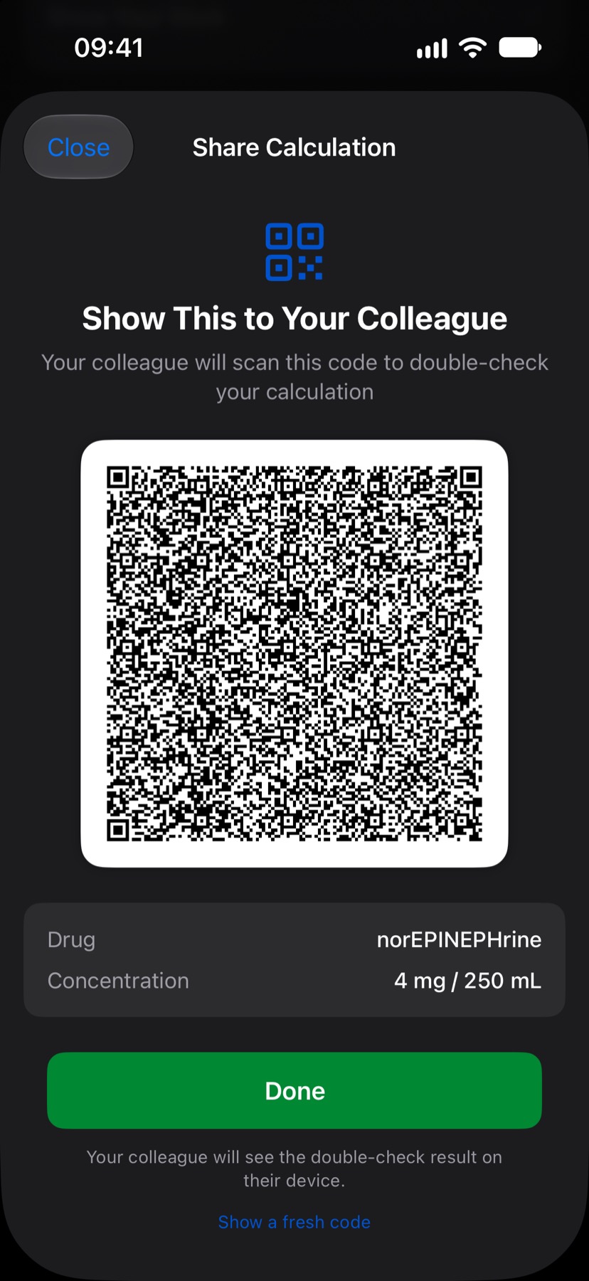Drug Infusion two-person check screen showing a QR code for a colleague to scan, with the practice drug norEPINEPHrine at 4 mg in 250 mL summarized below it.